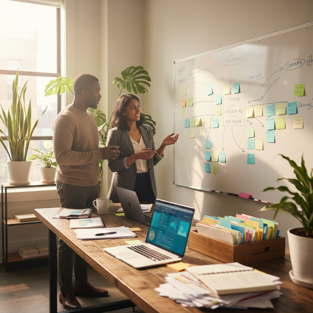 Small business team mapping processes on a whiteboard, illustrating ai workflow automation for small business turning chaos into a clear plan.