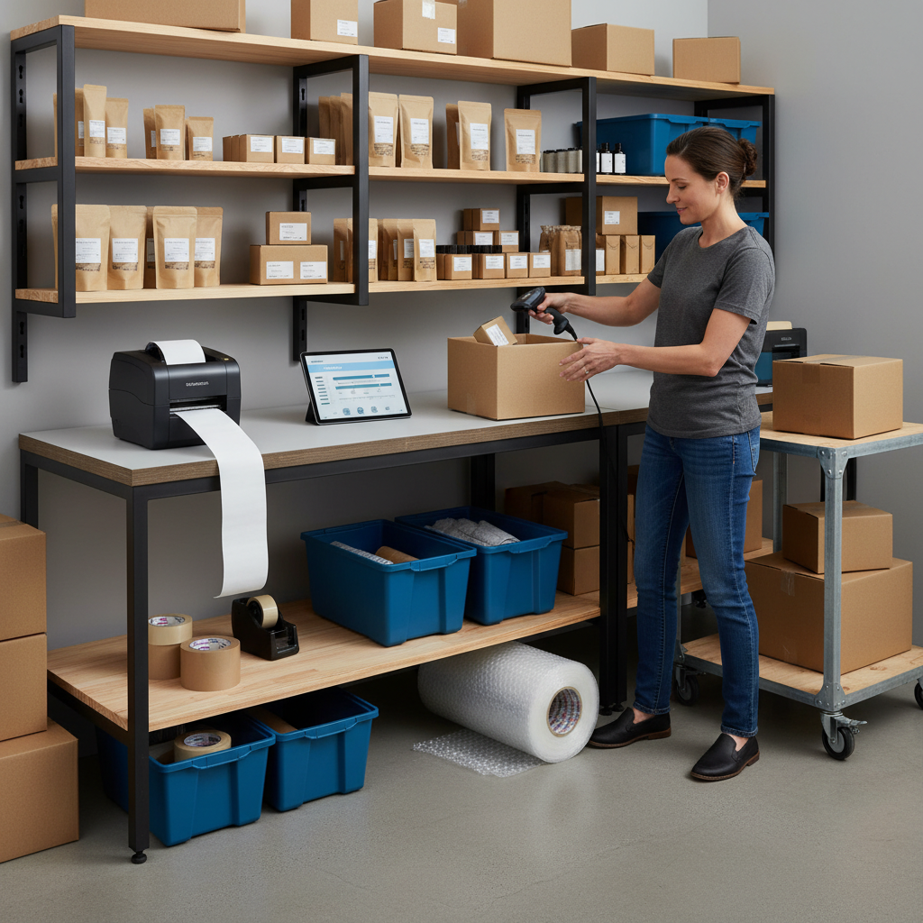 Back-room packing station with label printer and barcode scanner streamlining orders, a scene of ai workflow automation for small business in fulfillment.