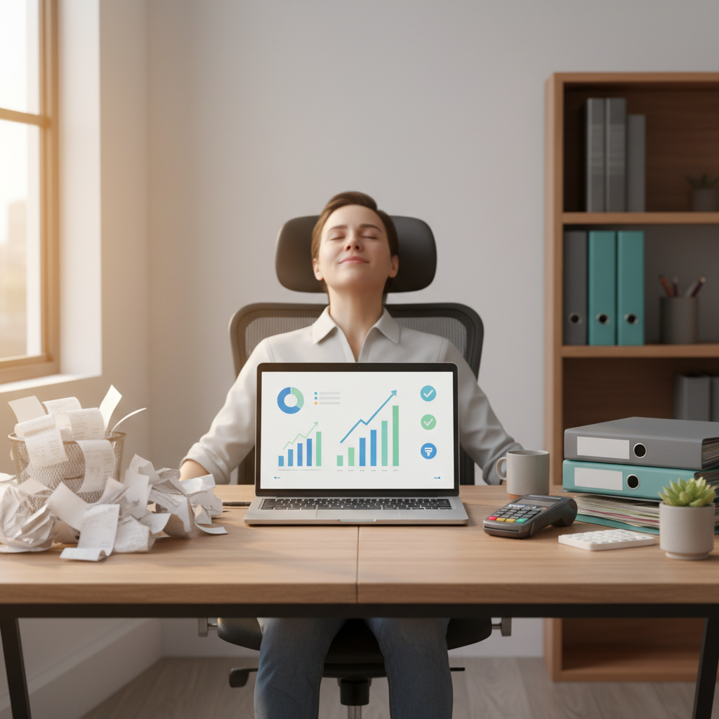 Desk with receipts transforming into organized finances on a laptop, capturing ai workflow automation for small business in invoicing and bookkeeping.