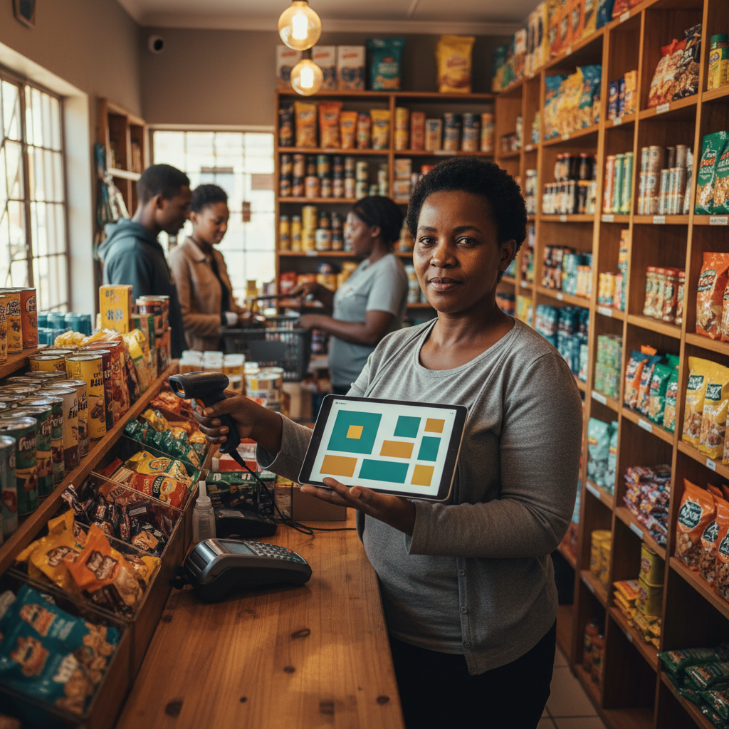 Township mini-market owner using a tablet to manage stock and sales, demonstrating practical no-code tools for SMEs South Africa.