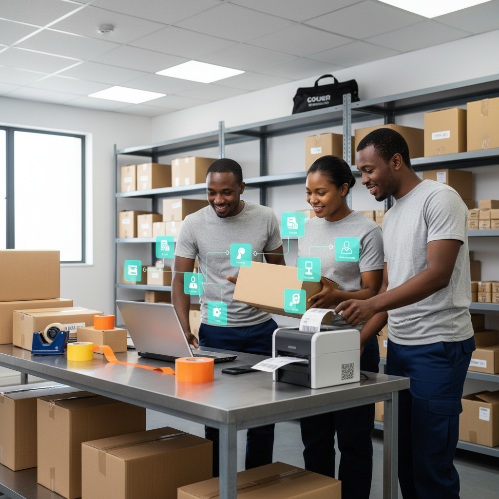 Small warehouse team syncing orders and printing labels with connected devices, showing automation via no-code tools for SMEs South Africa.