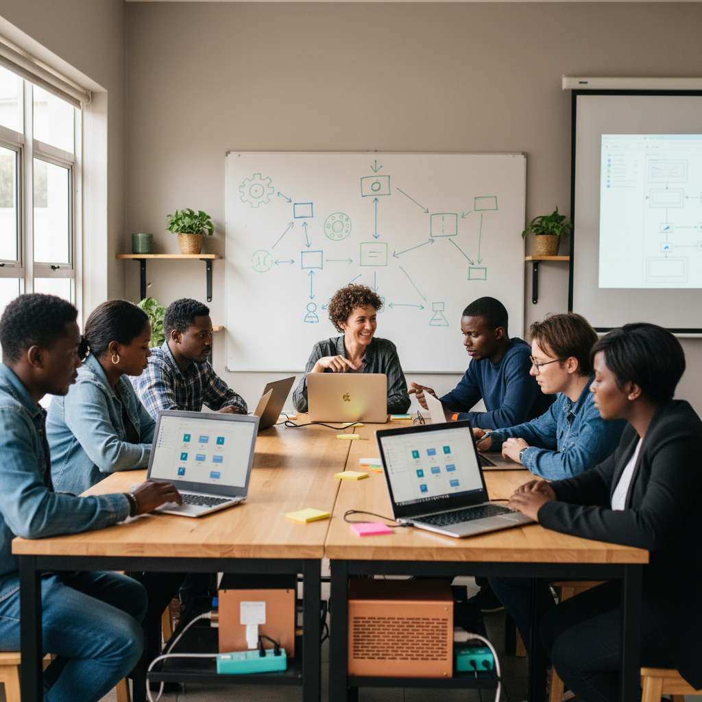Mentor guiding entrepreneurs in an incubator workshop to build their first workflow using no-code tools for SMEs South Africa.