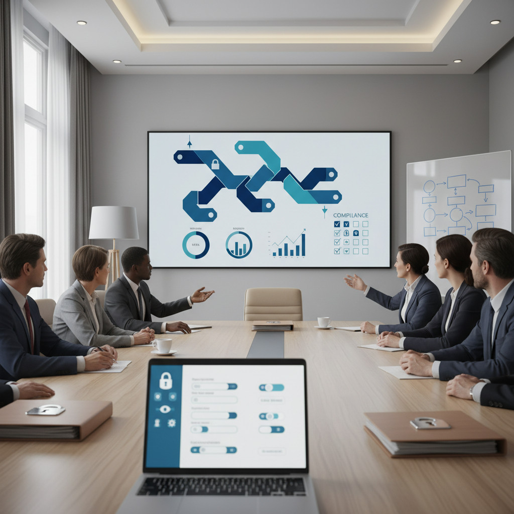 Boardroom planning rollout and governance of agentic AI for business automation with KPI visuals