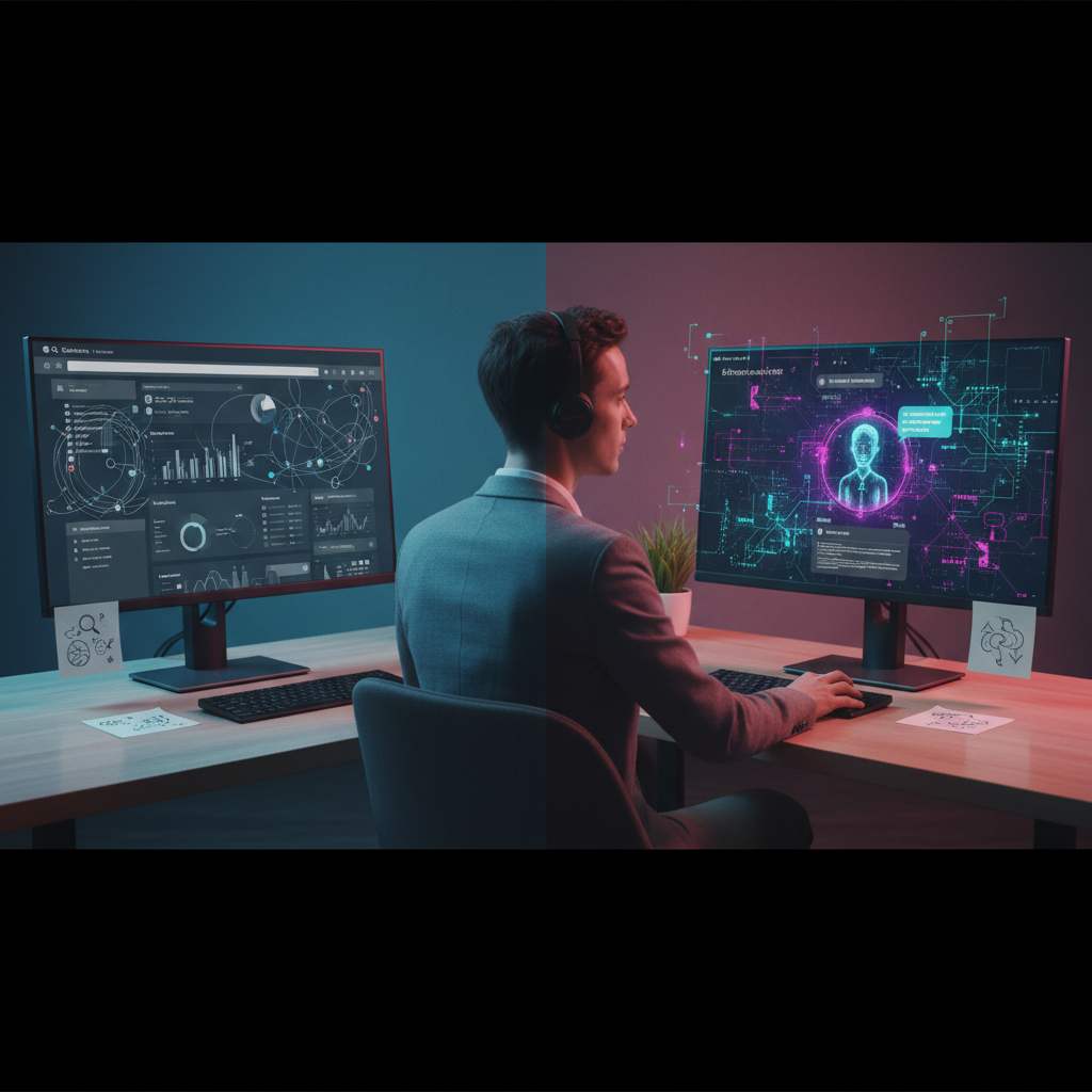 Professional comparing traditional SEO with generative engine optimization (GEO Surge) approaches at a split desk