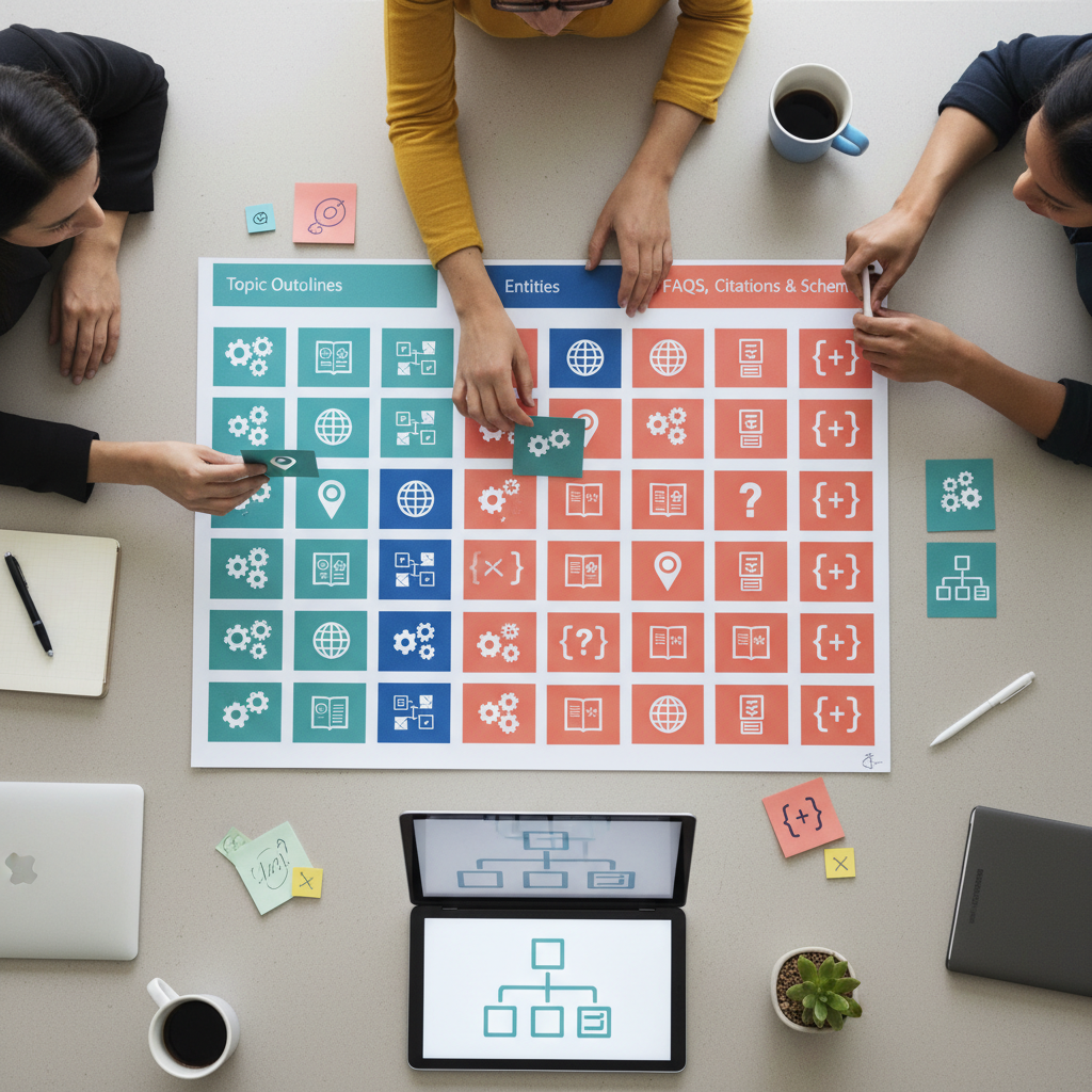 Hands organizing a structured content workflow for generative engine optimization (GEO Surge) on a conference table