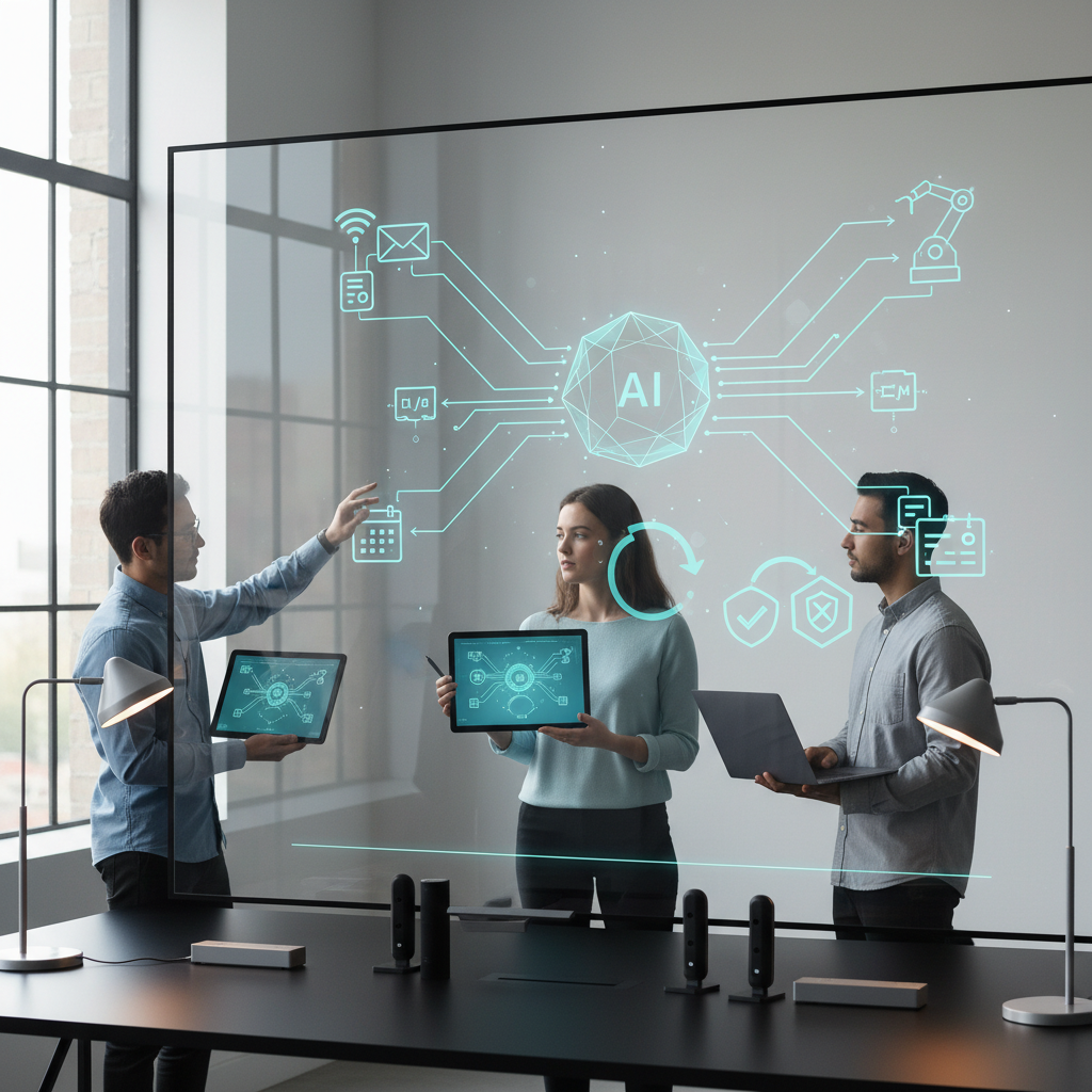 Close-up collaboration illustrating the sense–plan–act workflow of agentic AI for business automation