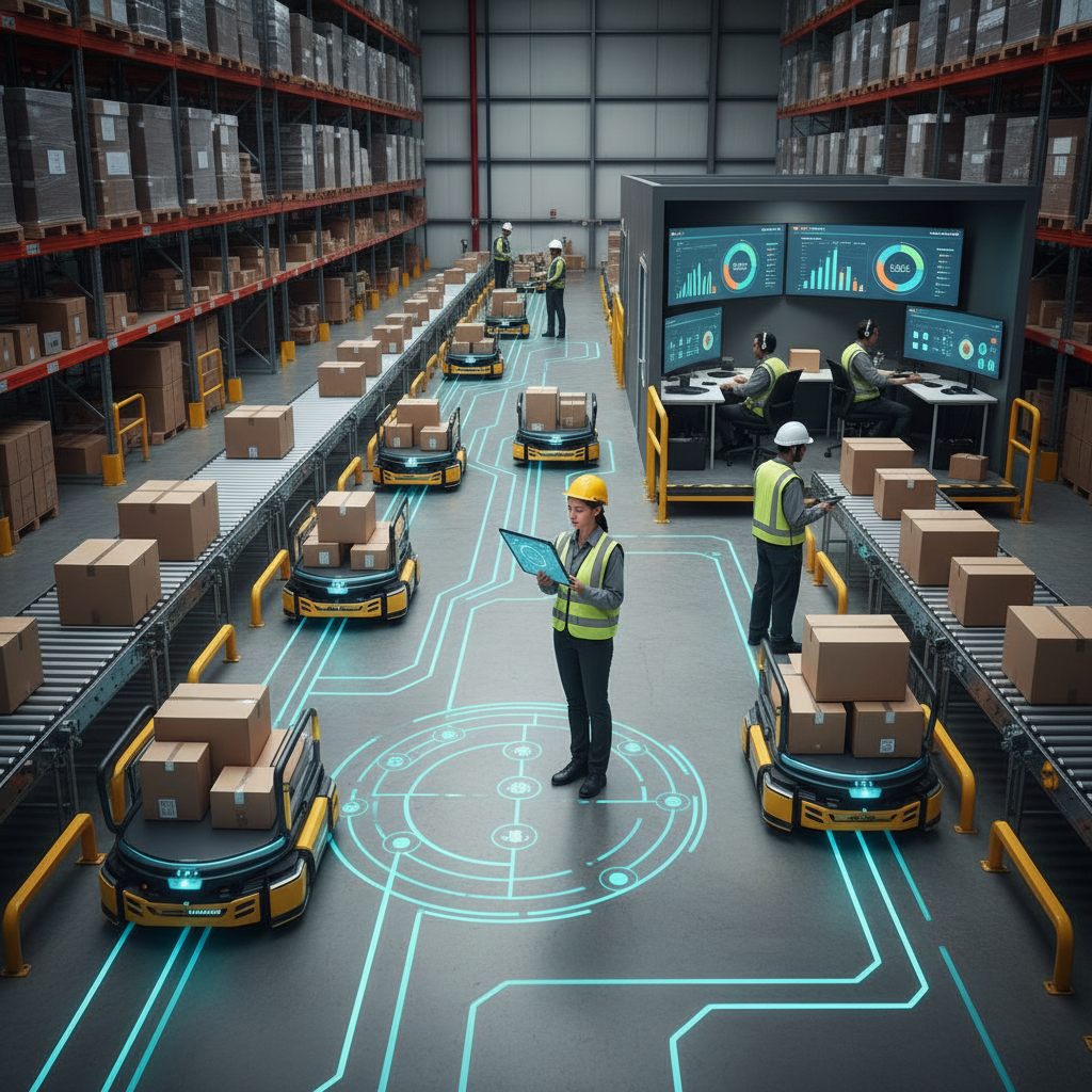 Warehouse floor optimized by agentic AI for business automation with robots and coordinated staff