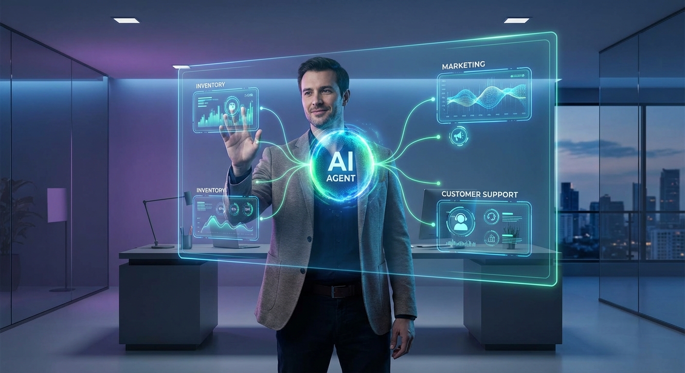 A calm and confident business owner oversees a central AI orchestrating complex tasks like marketing and logistics on a futuristic dashboard, showcasing the power of agentic AI for small business automation.